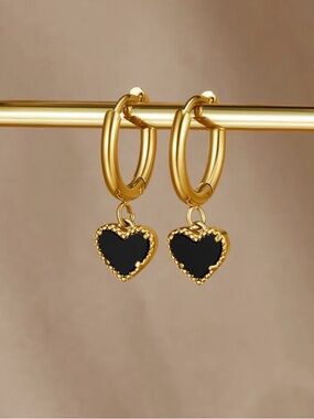 Gold Hoop Earrings with Black Heart Charm